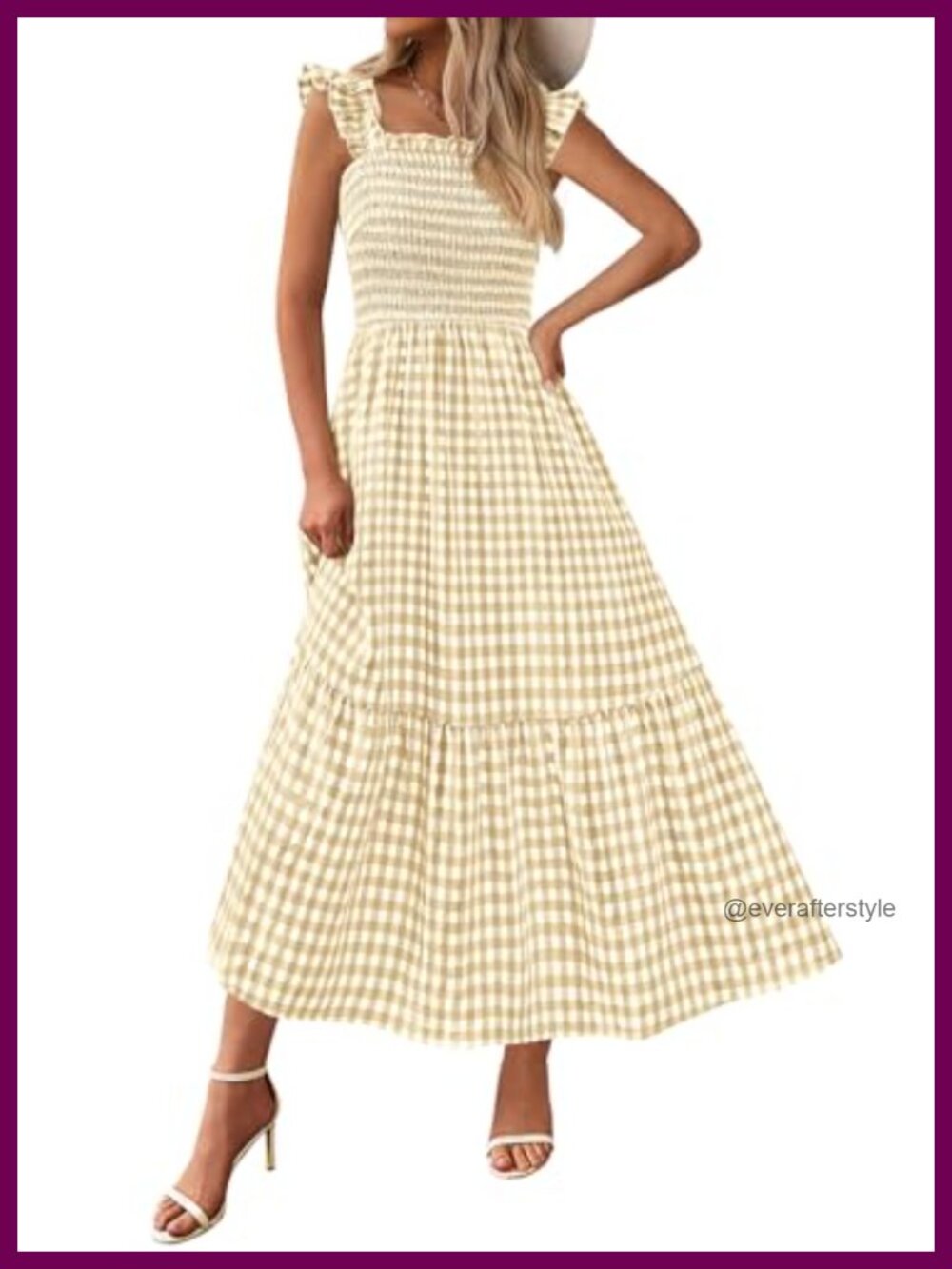 Ruffle Strap Smocked Midi Dress Square Neck Gingham Sundress